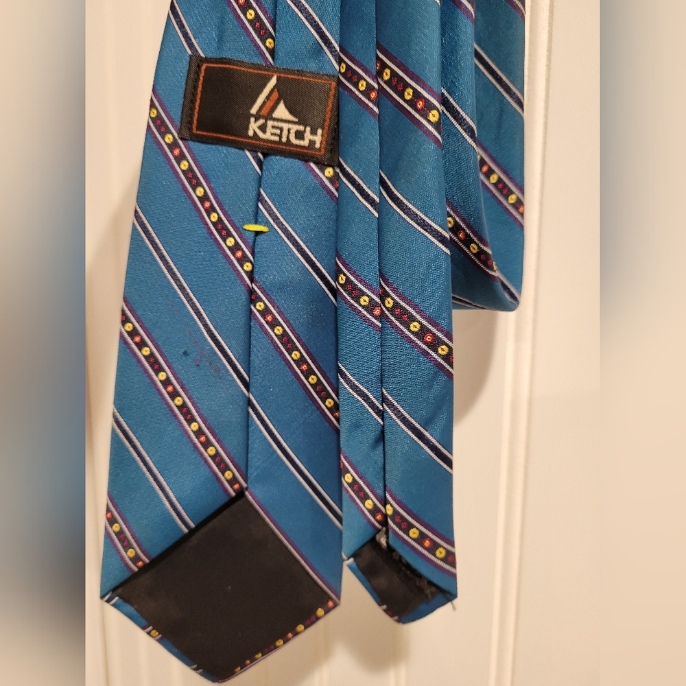 Vintage KETCH Neck Tie  Blue Diagonal Stripes  With Yellow Red Dots